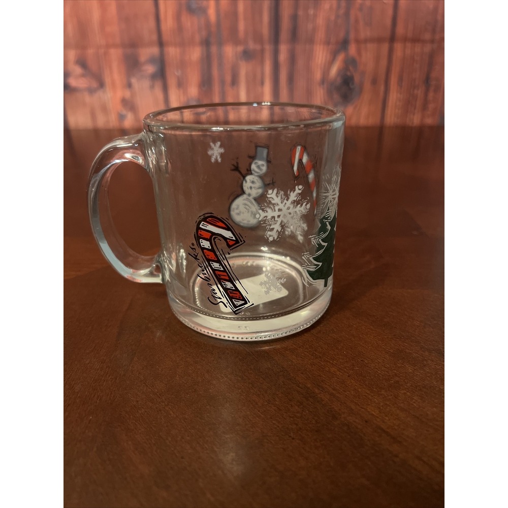Starbucks Snowman Glass Mug Holiday Christmas Clear Vintage Winter Candy Cane